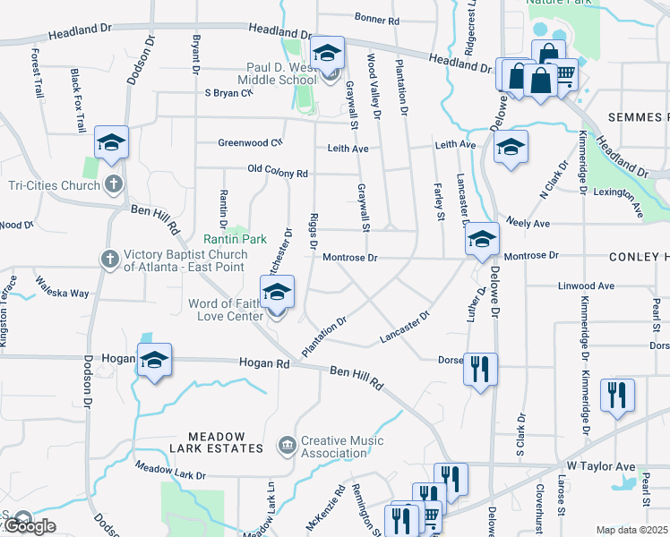 map of restaurants, bars, coffee shops, grocery stores, and more near 2316 Dorsey Avenue in East Point