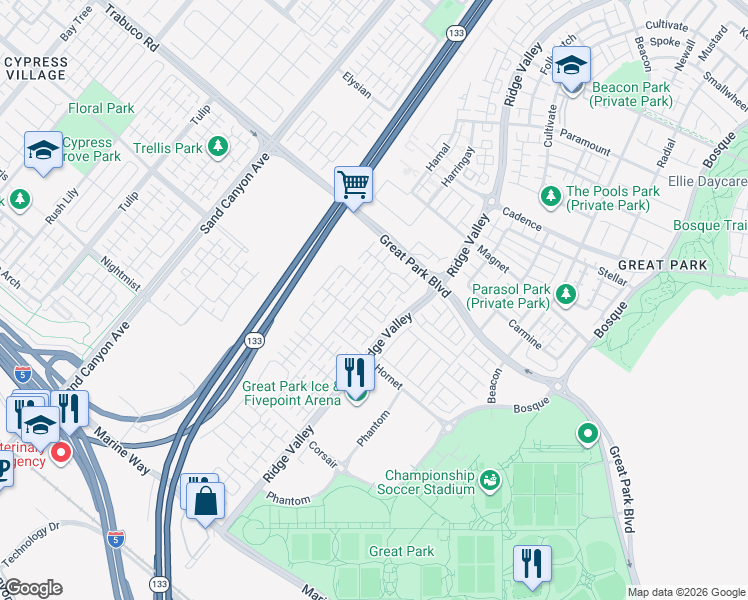 map of restaurants, bars, coffee shops, grocery stores, and more near 112 Tubeflower in Irvine