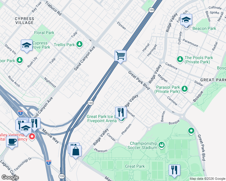 map of restaurants, bars, coffee shops, grocery stores, and more near 125 Annuals in Irvine
