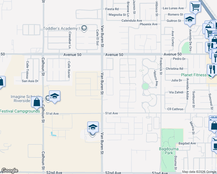 map of restaurants, bars, coffee shops, grocery stores, and more near 50252 Paseo Barcelona in Coachella