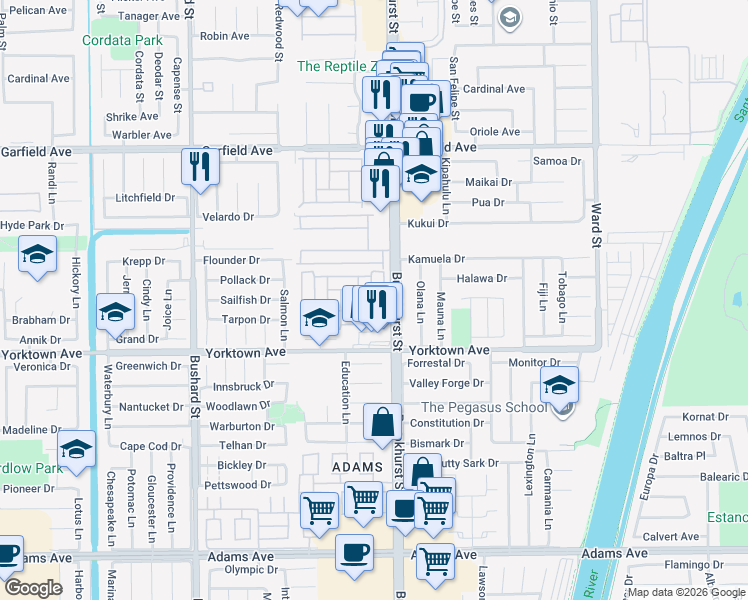map of restaurants, bars, coffee shops, grocery stores, and more near 19361 Brookhurst Street in Huntington Beach