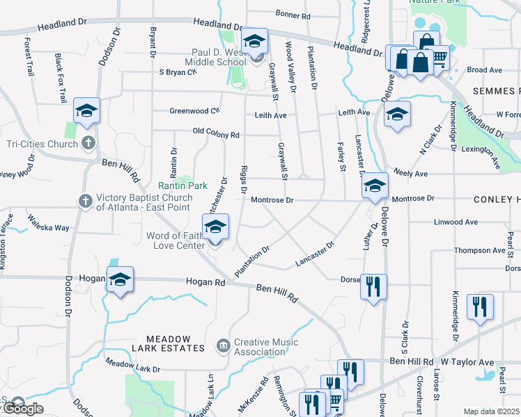 map of restaurants, bars, coffee shops, grocery stores, and more near 2330 Dorsey Avenue in East Point