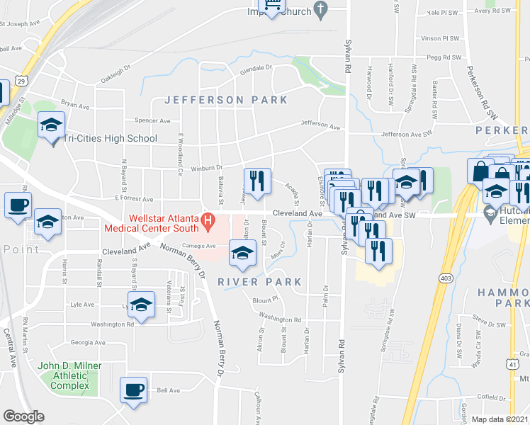 map of restaurants, bars, coffee shops, grocery stores, and more near Cleveland Ave & Blount St in East Point