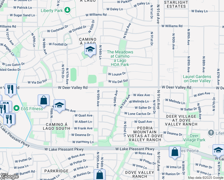 map of restaurants, bars, coffee shops, grocery stores, and more near 9409 West Alex Avenue in Peoria