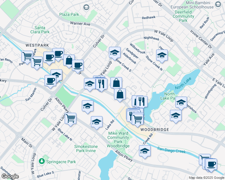 map of restaurants, bars, coffee shops, grocery stores, and more near 6 Blackswan in Irvine