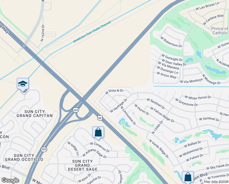 map of restaurants, bars, coffee shops, grocery stores, and more near 16151 West Vista North Drive in Sun City West