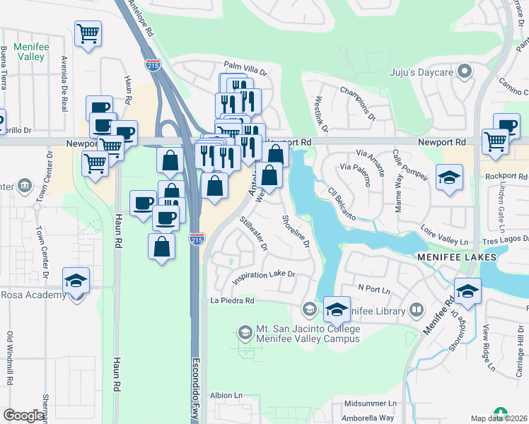 map of restaurants, bars, coffee shops, grocery stores, and more near 28218 Windsail Court in Menifee