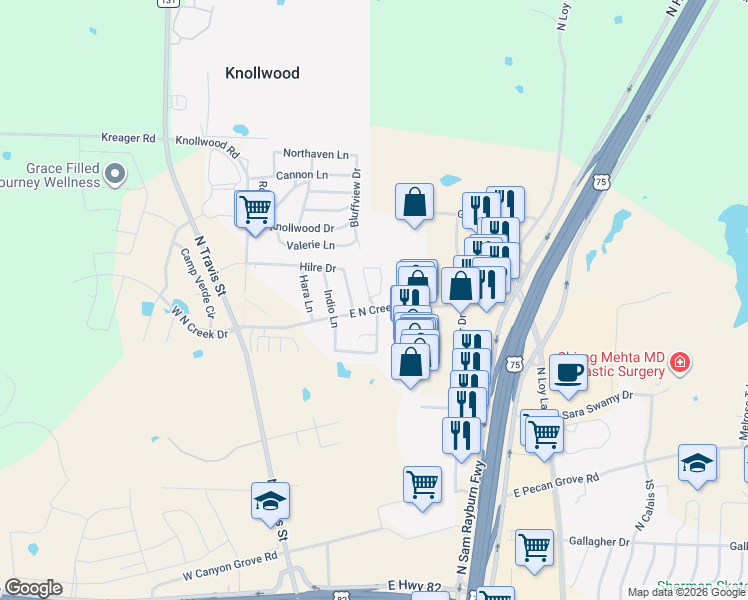 map of restaurants, bars, coffee shops, grocery stores, and more near 4803 Hilre Drive in Sherman