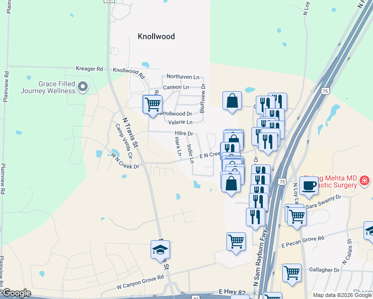 map of restaurants, bars, coffee shops, grocery stores, and more near 4812 Indio Lane in Sherman