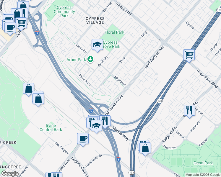 map of restaurants, bars, coffee shops, grocery stores, and more near 51 Bronze Leaf in Irvine