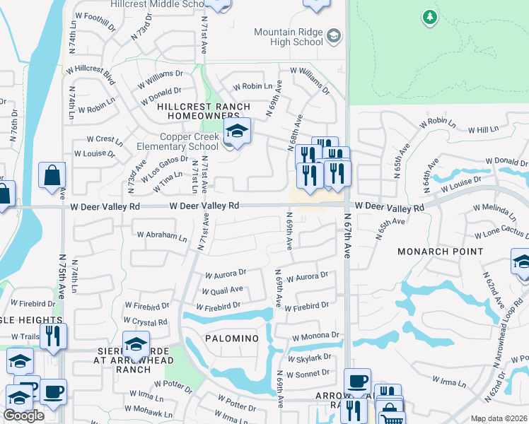 map of restaurants, bars, coffee shops, grocery stores, and more near 6968 West Melinda Lane in Glendale