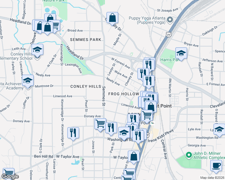 map of restaurants, bars, coffee shops, grocery stores, and more near 2715 Cheney Street in East Point