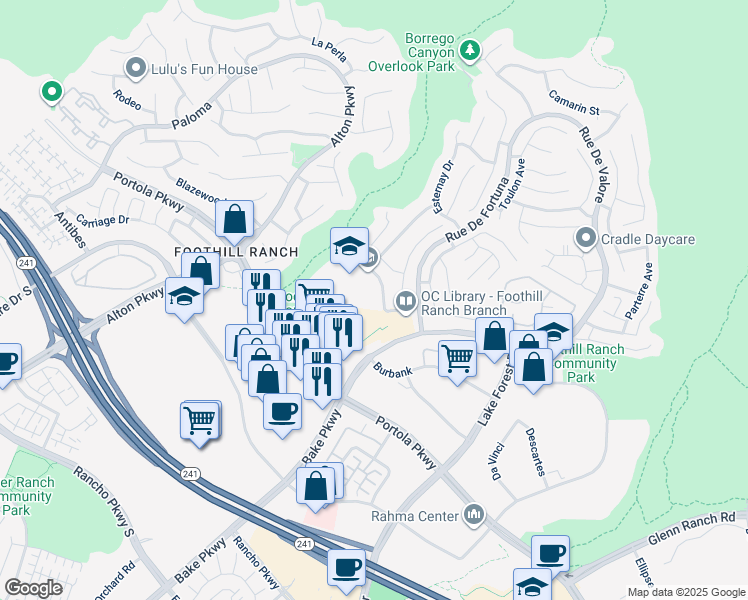 map of restaurants, bars, coffee shops, grocery stores, and more near 1 Torino Drive in Lake Forest