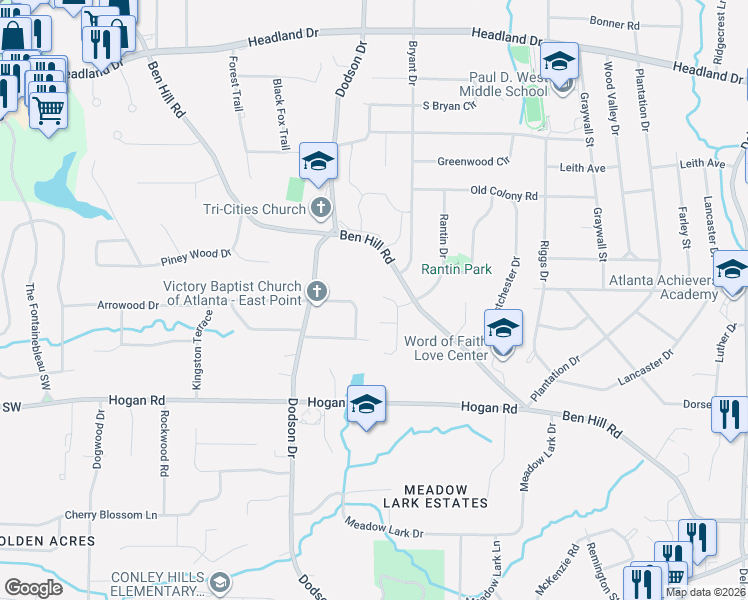 map of restaurants, bars, coffee shops, grocery stores, and more near 2601 Arrowood Drive in East Point