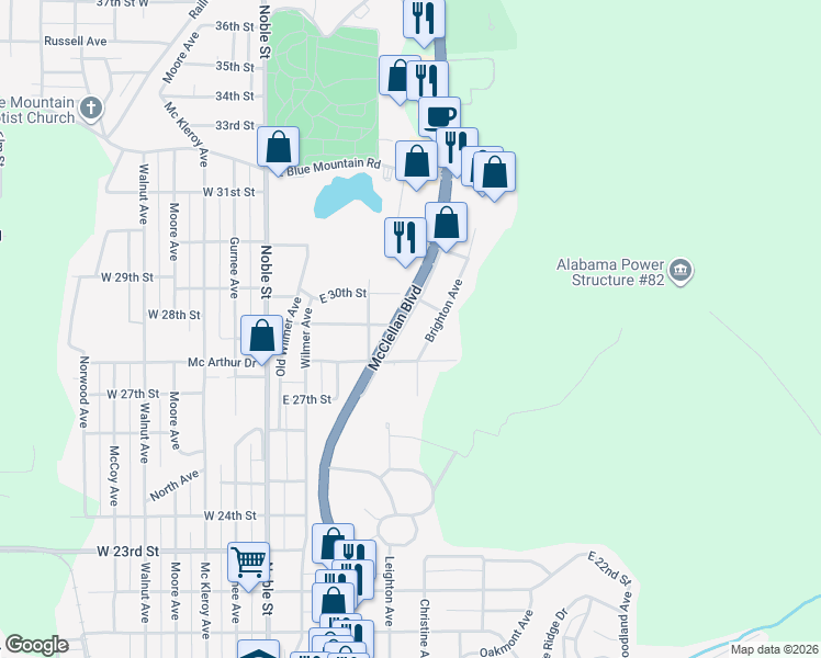 map of restaurants, bars, coffee shops, grocery stores, and more near 2816 Brighton Avenue in Anniston