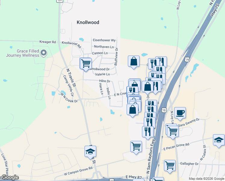 map of restaurants, bars, coffee shops, grocery stores, and more near 4803 Hilre Drive in Sherman