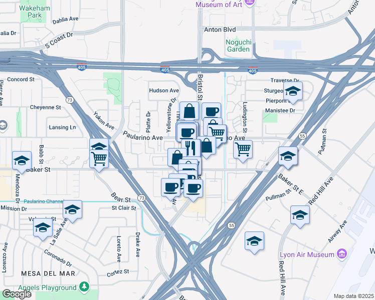 map of restaurants, bars, coffee shops, grocery stores, and more near 3033 Bristol Street in Costa Mesa