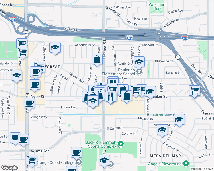 map of restaurants, bars, coffee shops, grocery stores, and more near 1193 Dorset Lane in Costa Mesa