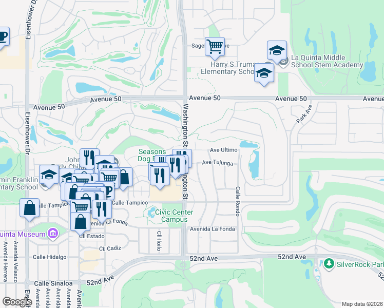 map of restaurants, bars, coffee shops, grocery stores, and more near 78550 Avenue Tujunga in La Quinta