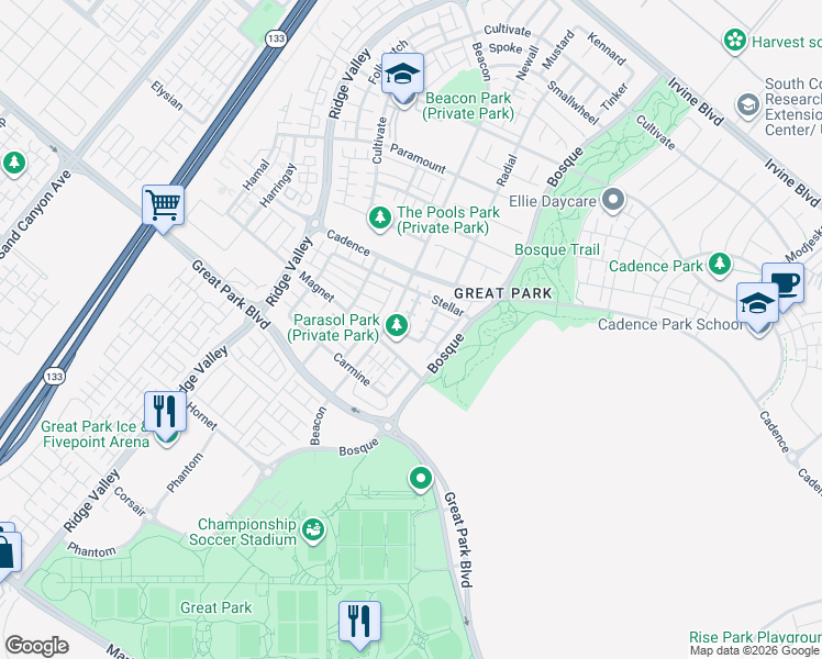 map of restaurants, bars, coffee shops, grocery stores, and more near 124 Menkar in Irvine