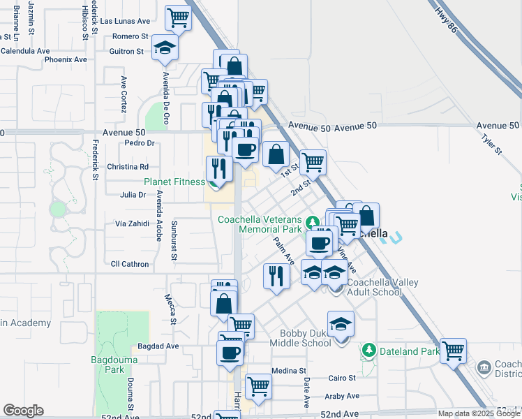 map of restaurants, bars, coffee shops, grocery stores, and more near 1423 2nd Street in Coachella