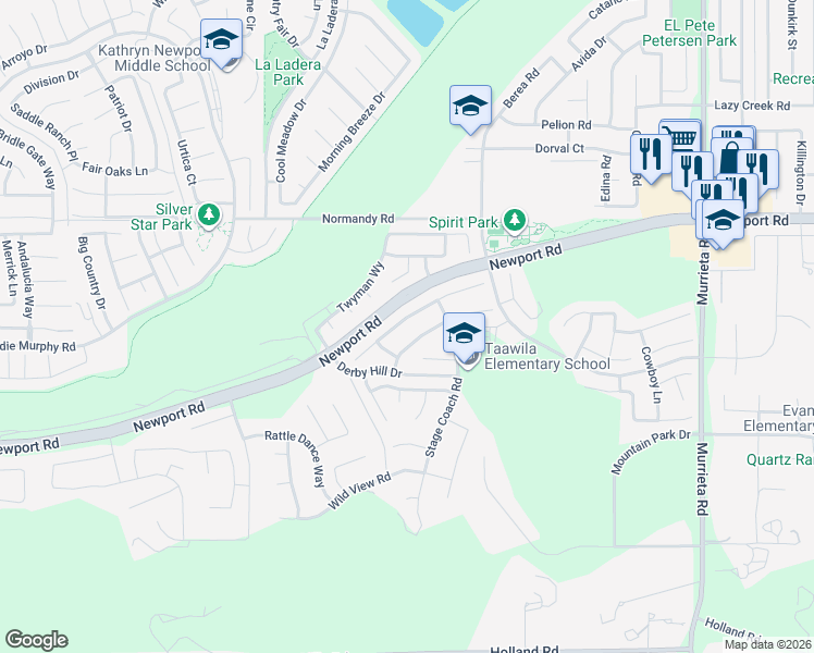 map of restaurants, bars, coffee shops, grocery stores, and more near 25315 Lone Acres Road in Menifee