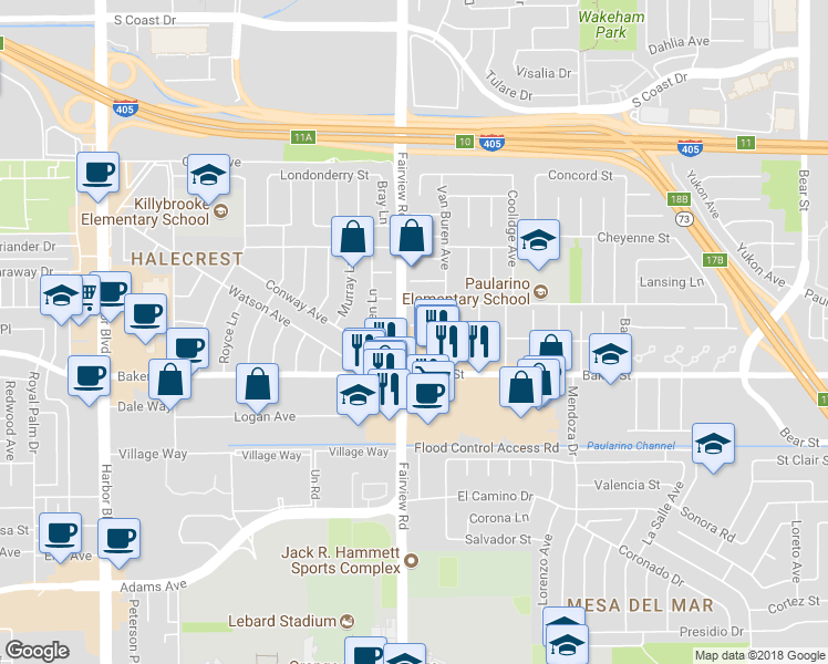 map of restaurants, bars, coffee shops, grocery stores, and more near 1193 Dorset Lane in Costa Mesa