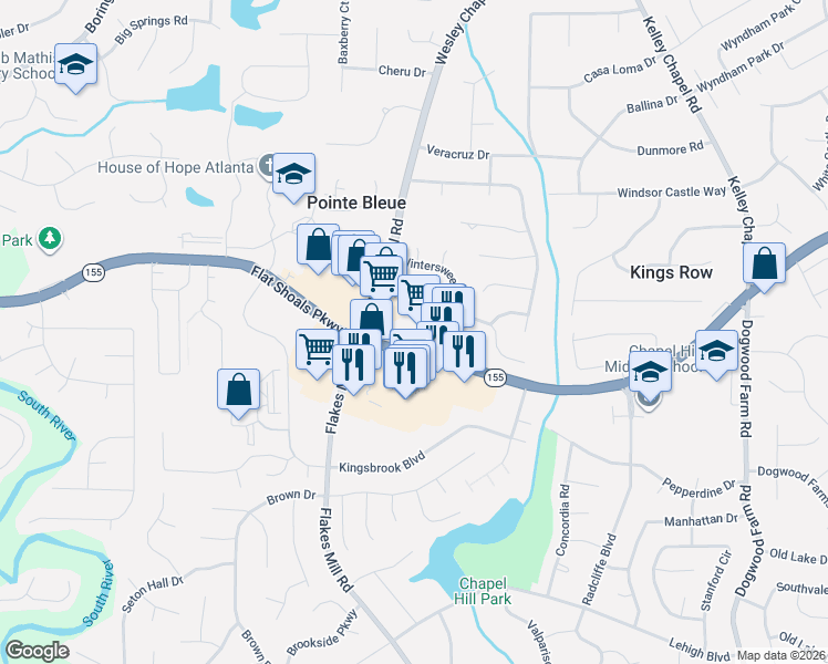 map of restaurants, bars, coffee shops, grocery stores, and more near 4900 Flat Shoals Parkway in Decatur