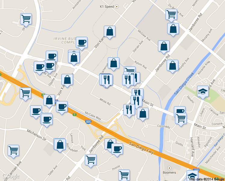 map of restaurants, bars, coffee shops, grocery stores, and more near 2590 S Main St in Irvine