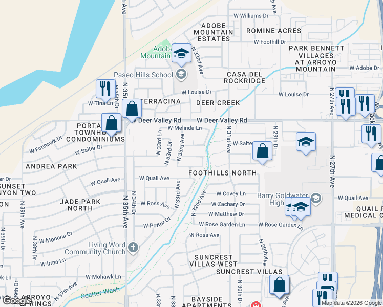 map of restaurants, bars, coffee shops, grocery stores, and more near 3233 West Abraham Lane in Phoenix