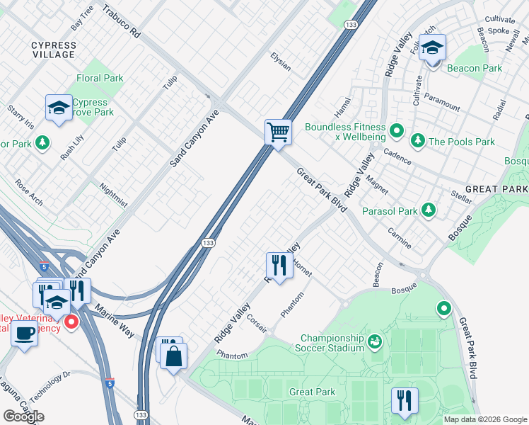map of restaurants, bars, coffee shops, grocery stores, and more near 346 Floral View in Irvine