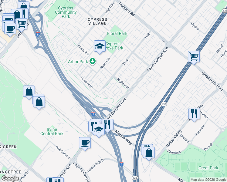 map of restaurants, bars, coffee shops, grocery stores, and more near 51 Bronze Leaf in Irvine