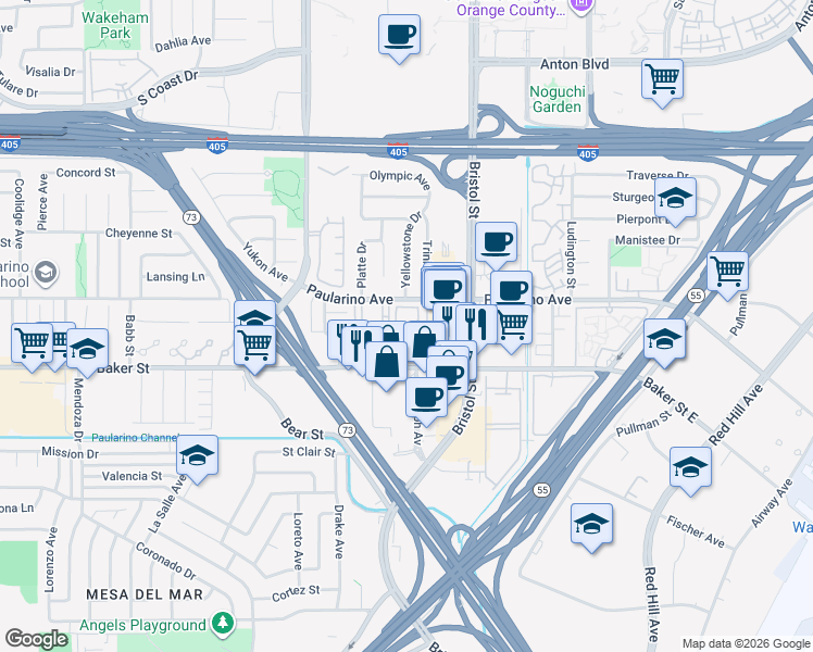 map of restaurants, bars, coffee shops, grocery stores, and more near 743 Grayling Bay in Costa Mesa