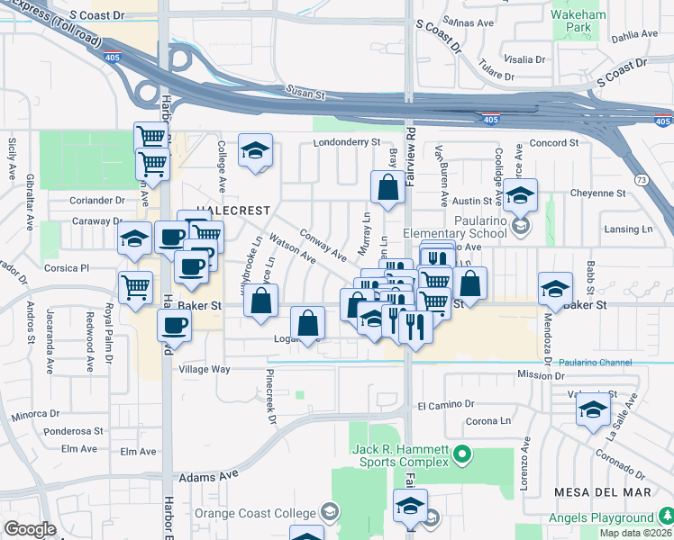 map of restaurants, bars, coffee shops, grocery stores, and more near 1252 Watson Avenue in Costa Mesa