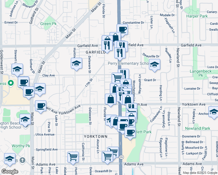 map of restaurants, bars, coffee shops, grocery stores, and more near 718 Williams Drive in Huntington Beach