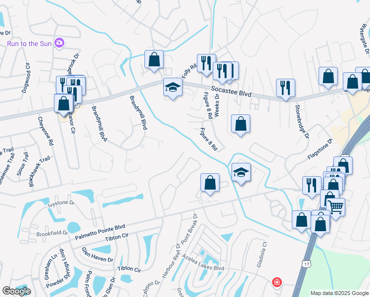 map of restaurants, bars, coffee shops, grocery stores, and more near 172 Olde Towne Way in Myrtle Beach