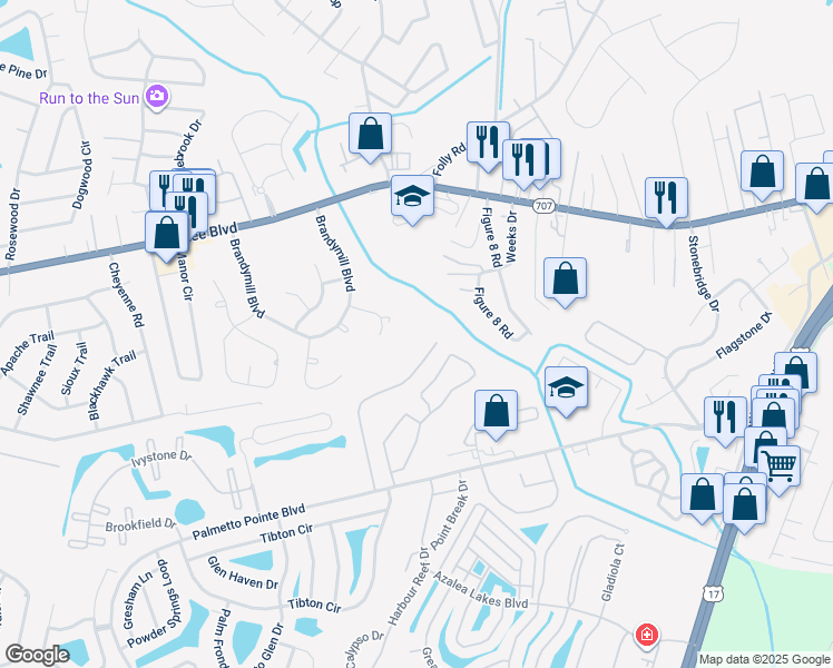 map of restaurants, bars, coffee shops, grocery stores, and more near 172 Olde Towne Way in Myrtle Beach