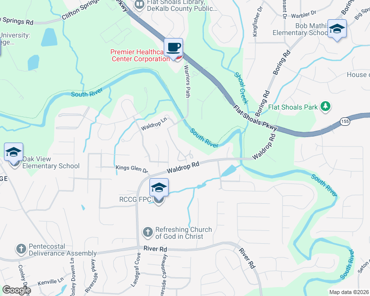 map of restaurants, bars, coffee shops, grocery stores, and more near 3471 Blazing Pine Path in Decatur