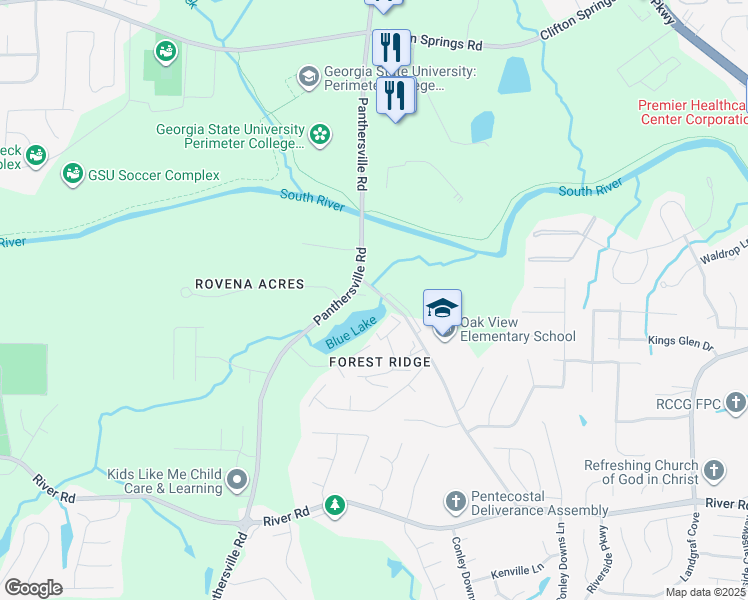 map of restaurants, bars, coffee shops, grocery stores, and more near 3550 Panthersville Road in Decatur