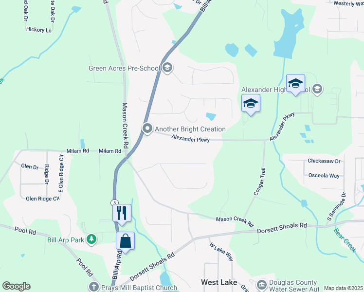 map of restaurants, bars, coffee shops, grocery stores, and more near 6851 Alexander Parkway in Douglasville