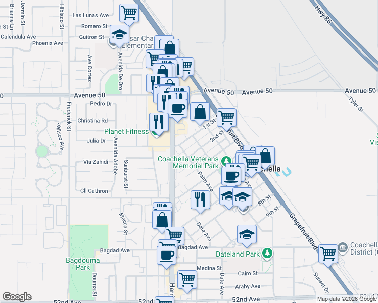 map of restaurants, bars, coffee shops, grocery stores, and more near 1423 2nd Street in Coachella
