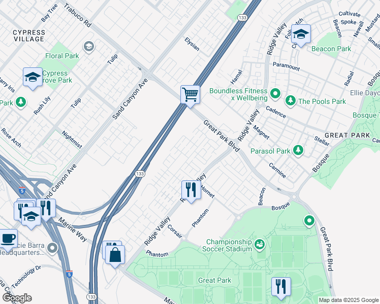 map of restaurants, bars, coffee shops, grocery stores, and more near 150 Annuals in Irvine