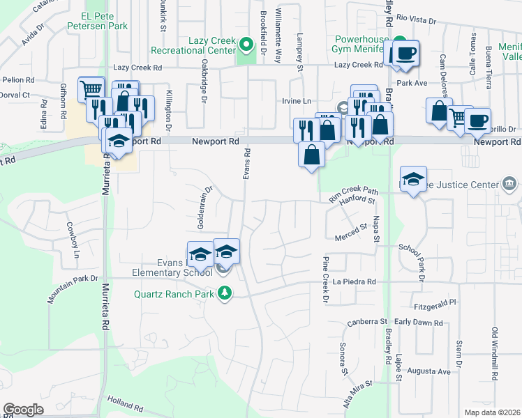 map of restaurants, bars, coffee shops, grocery stores, and more near 30271 Cherry Opal Lane in Menifee