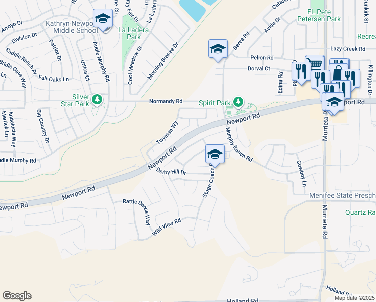 map of restaurants, bars, coffee shops, grocery stores, and more near 25315 Lone Acres Road in Menifee