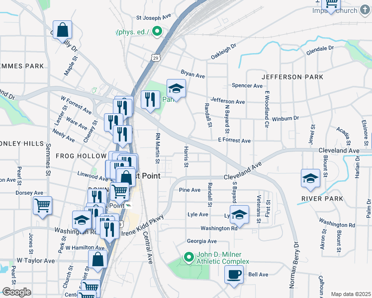 map of restaurants, bars, coffee shops, grocery stores, and more near Harris Street in East Point