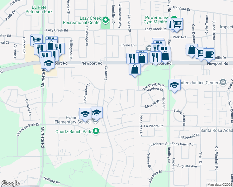 map of restaurants, bars, coffee shops, grocery stores, and more near 30268 Cherry Opal Lane in Menifee