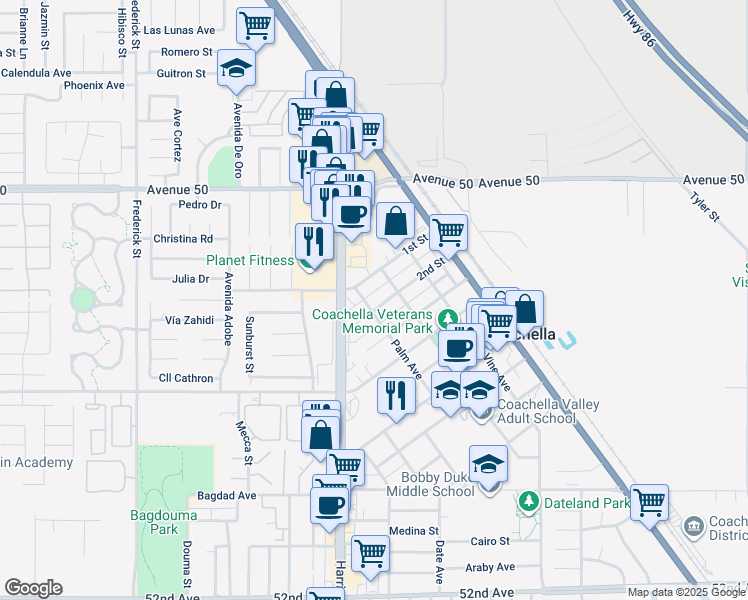 map of restaurants, bars, coffee shops, grocery stores, and more near 1436 2nd Street in Coachella