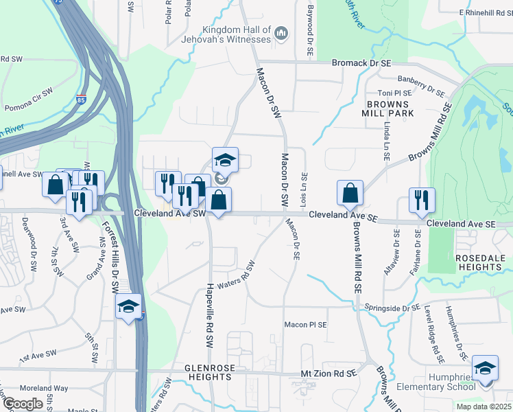 map of restaurants, bars, coffee shops, grocery stores, and more near 47 Cleveland Avenue Southwest in Atlanta