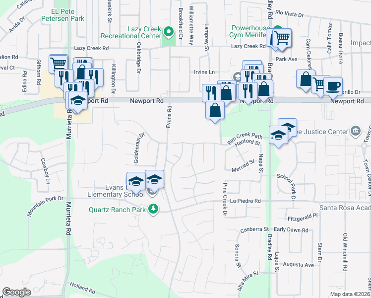 map of restaurants, bars, coffee shops, grocery stores, and more near 30268 Cherry Opal Lane in Menifee