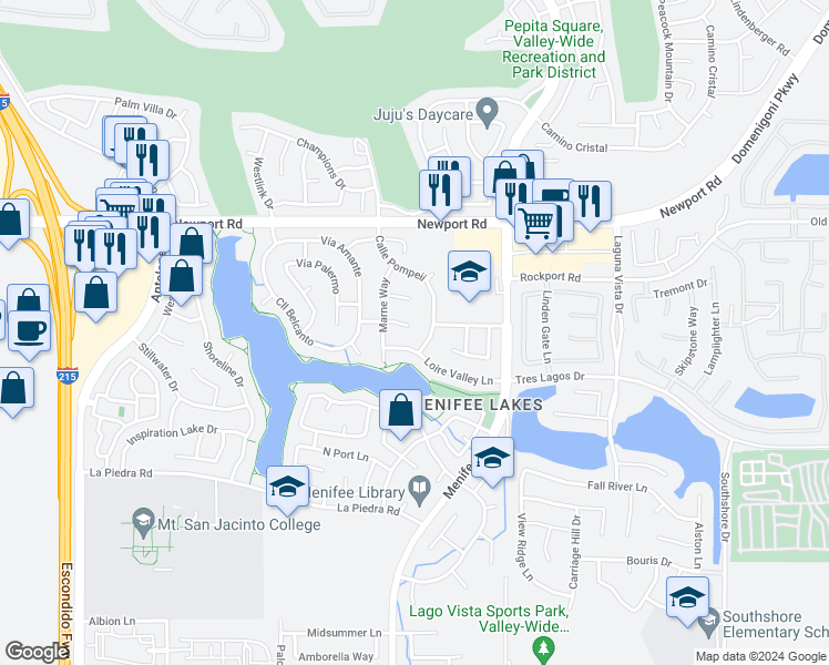 map of restaurants, bars, coffee shops, grocery stores, and more near 28797 Avenue Pacifica in Menifee